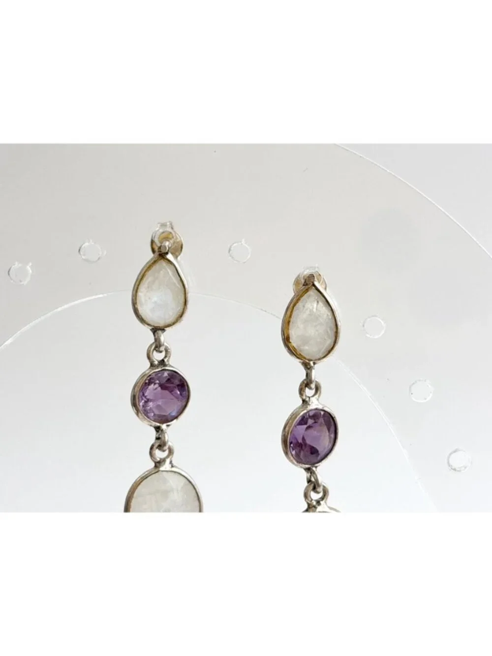 Moonstone & Amethyst Multi Gemstone Vintage Sterling Silver 925 Dangle Earrings
